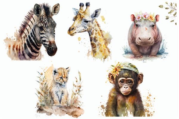 مجموعه حیوانات سافاری زرافه میمون اسب آبی شیر گورخری در تصویر برداری جدا شده به سبک آبرنگ