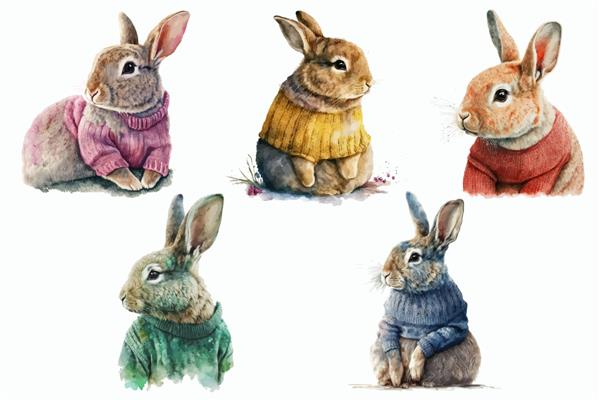 خرگوش های ست حیوانات سافاری با ژاکت های رنگارنگ در تصویر برداری جدا شده به سبک آبرنگ