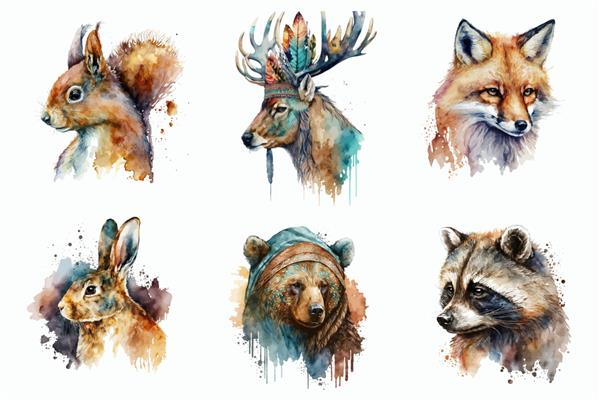 مجموعه حیوانات سافاری سنجاب گوزن روباه خرس راکون و خرگوش در تصویر وکتور جدا شده به سبک آبرنگ