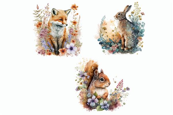 حیوانات جنگلی با قاب برگ رنگارنگ تصویر دستی جدا شده روی پس زمینه سفید به سبک بوهو