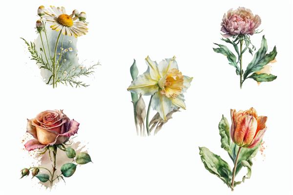مجموعه ای از تصویر دستی گل و برگ آبرنگ جدا شده در پس زمینه سفید به سبک بوهو