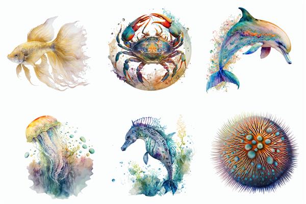 مجموعه ای از تصاویر آبرنگ از حیوانات دریایی با طراحی دستی جدا شده در پس زمینه سفید به سبک بوهو