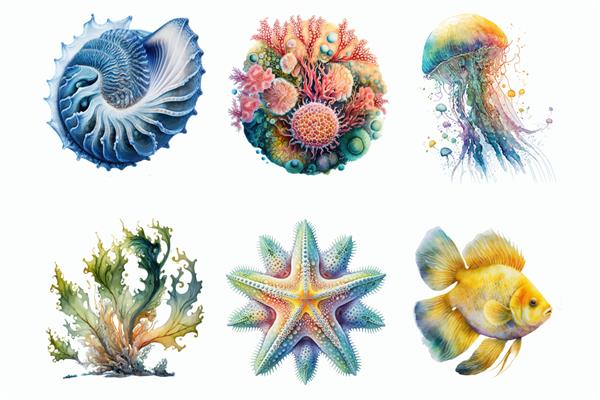 مجموعه تصویری آبرنگ از تصویر دستی زیبای موجود دریایی جدا شده روی پس زمینه سفید به سبک بوهو