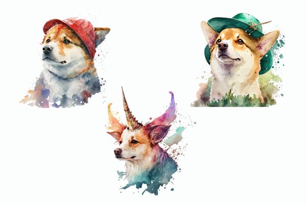 مجموعه حیوانات سافاری سگ های ناز با کلاه در تصویر وکتور جدا شده به سبک آبرنگ