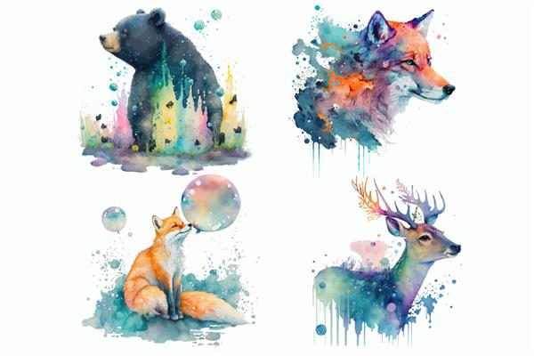 مجموعه حیوانات سافاری آهو روباه گرگ خرس سیاه در تصویر وکتور جدا شده به سبک آبرنگ