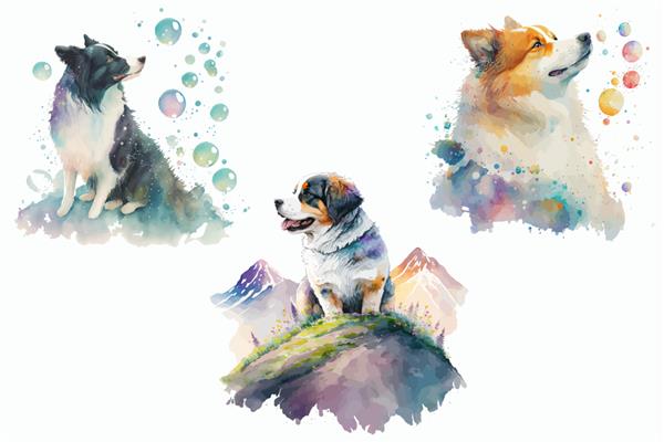 مجموعه حیوانات سافاری برنز کوه مرزی سگ کولی سگ کولی در تصویر برداری جدا شده به سبک آبرنگ