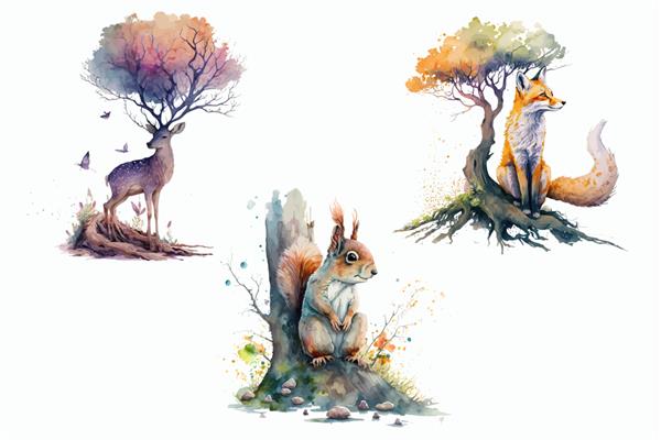 مجموعه حیوانات سافاری سنجاب روباه گوزن در تصویر برداری جدا شده به سبک آبرنگ