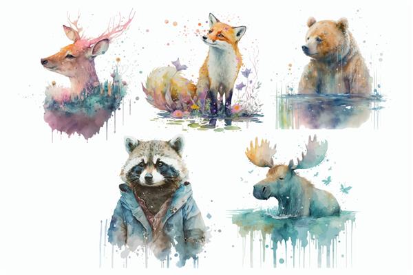 مجموعه حیوانات سافاری راکون خرس روباه گوزن گوزن در تصویر برداری جدا شده به سبک آبرنگ
