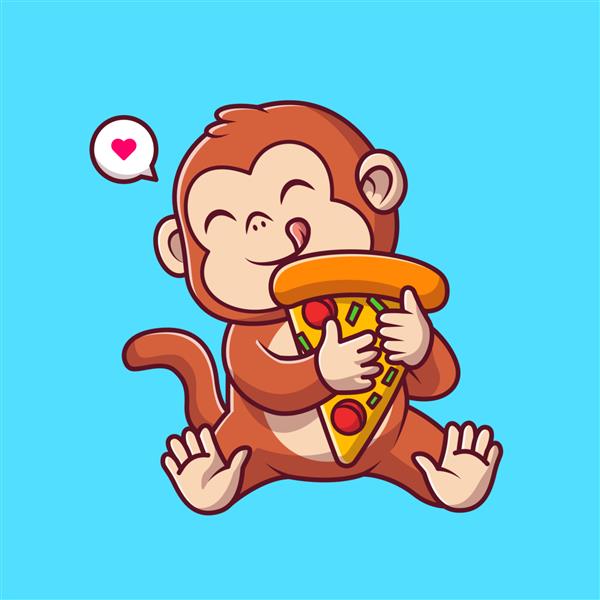 تصویر وکتور کارتونی پیتزا میمون ناز مفهوم آیکون غذای حیوانی جدا شده تخت