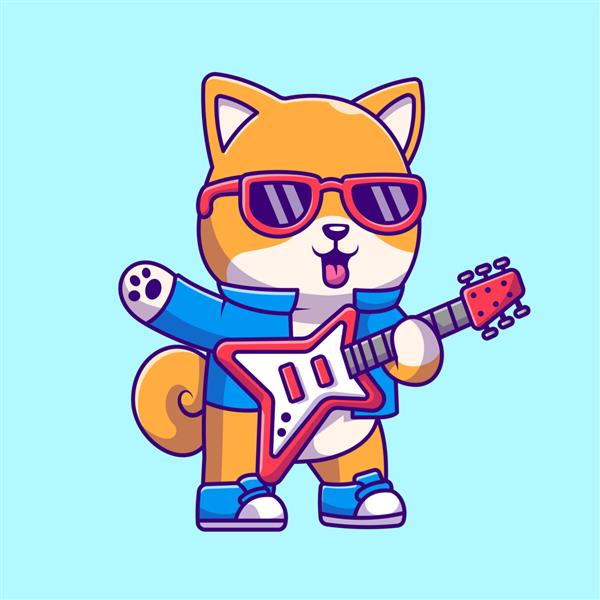 تصویر وکتور کارتونی سگ ناز شیبا اینو در حال نواختن گیتار الکتریک موسیقی حیوانات جدا شده