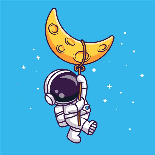 تصویر وکتور کارتونی فضانورد زیبا روی ماه آویزان شده است نماد فناوری علم