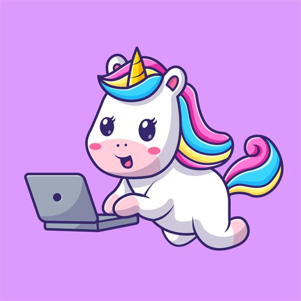 اسب شاخدار ناز که روی تصویر وکتور کارتونی لپ تاپ کار می کند نماد فناوری حیوانات جدا شده است