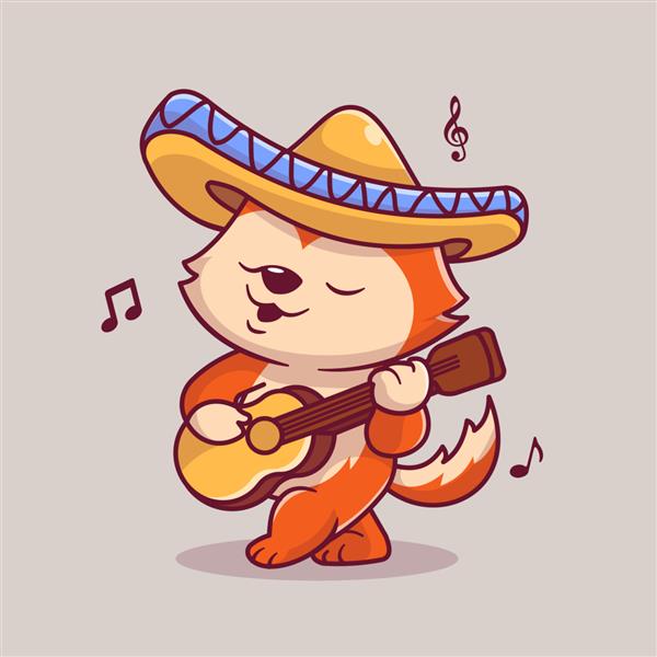 روباه ناز در حال نواختن گیتار با تصویر وکتور کارتونی کلاه سومبررو موسیقی حیوانات جدا شده