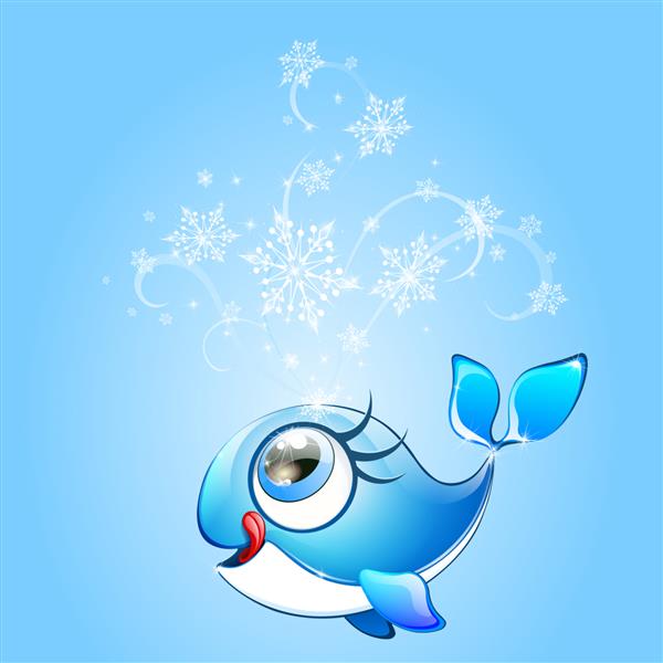دختر نهنگ کارتونی خنده دار بامزه ای جدا شده با فواره دانه های برف و لب های لیس مفهوم زمستان