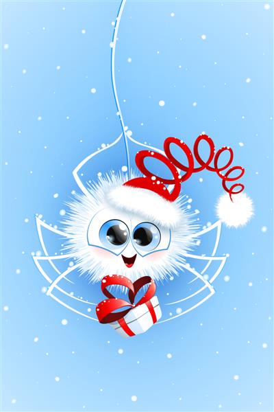 عنکبوت سفید کرکی کارتونی زیبا با کلاه بابا نوئل آویزان به تار عنکبوت زیر بارش برف