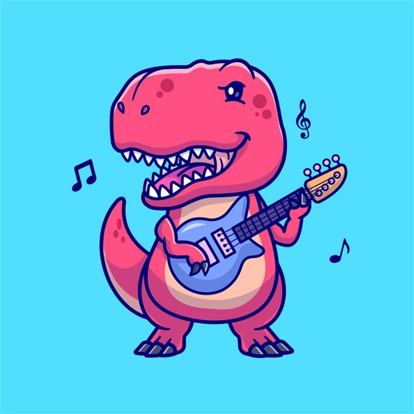 تصویر آیکون کارتونی کارتونی زیبای دینو تی رکس در حال نواختن گیتار نماد موسیقی حیوانات جدا شده است