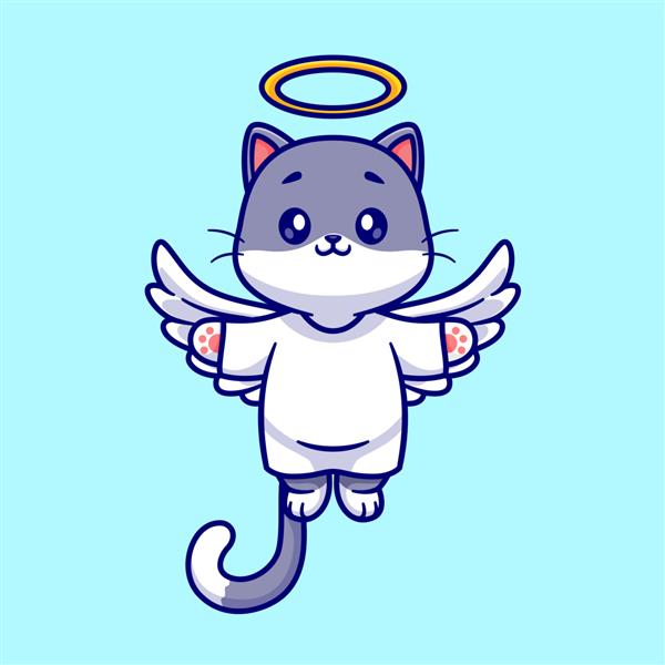 تصویر وکتور کارتونی گربه فرشته ناز در حال پرواز نماد تعطیلات حیوانات حق بیمه جدا شده