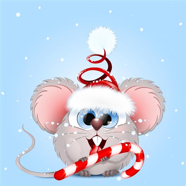 کارتون خنده دار موش بابا نوئل با آب نبات شیرین زیر بارش برف