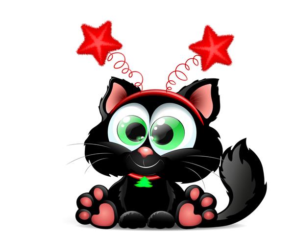 گربه کارتونی سیاه خنده دار با هدبند ستاره ای کرکی و یقه درخت کریسمس کوچک