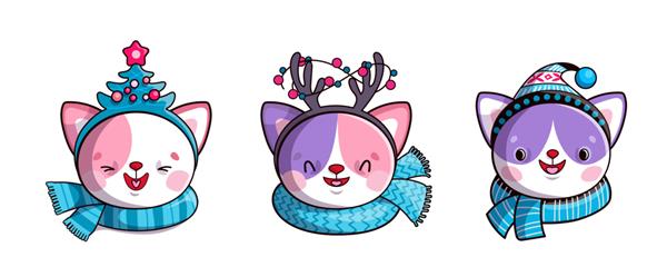 مجموعه گربه کارتونی بامزه با کلاه و شال گردن خنده دار برای چاپ روی کادوهای کریسمس