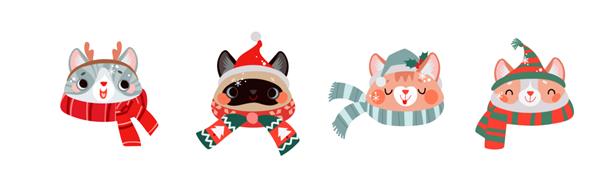 مجموعه ای از سر گربه های کارتونی زیبا با کلاه های خنده دار برای فصل کریسمس
