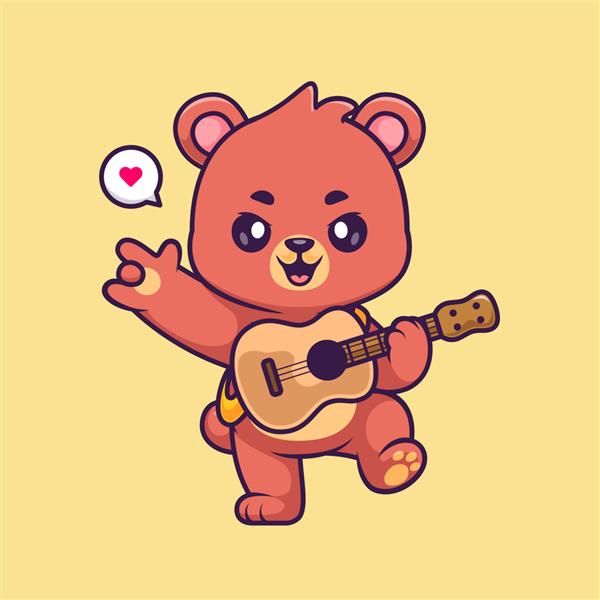 خرس ناز در حال نواختن گیتار با تصویر وکتور کارتونی دستی فلزی موسیقی حیوانات جدا شده