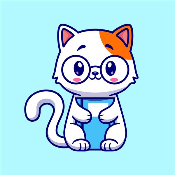 تصویر آیکون وکتور کارتونی گربه ناز کتاب در دست گربه با عینک نماد آموزش حیوانات جدا شده است
