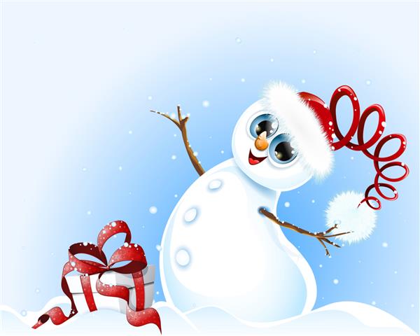 آدم برفی ناز با کلاه بابا نوئل با جعبه هدیه کریسمس که لبخند می زند و از بارش برف زمستانی لذت می برد