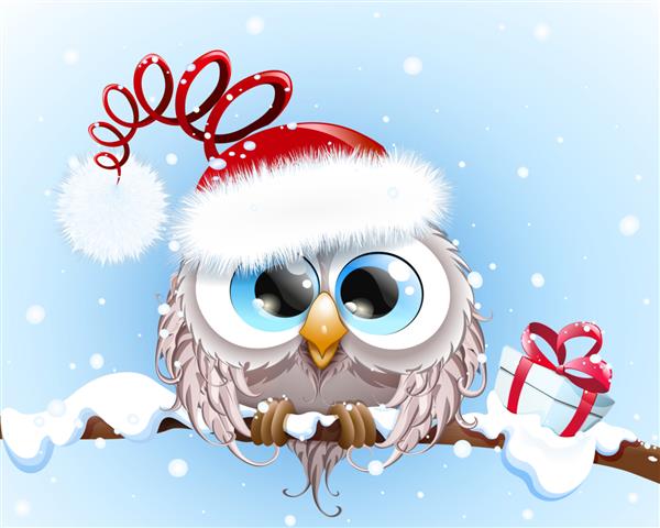 جغد کارتونی خنده دار کرکی با کلاه بابا نوئل زیر بارش برف زمستانی با جعبه هدیه کریسمس