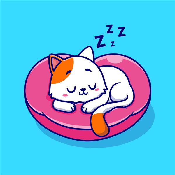 تصویر وکتور کارتونی عاشقانه گربه ناز روی بالش خوابیده است نماد طبیعت حیوانات ایزوله شده مسطح