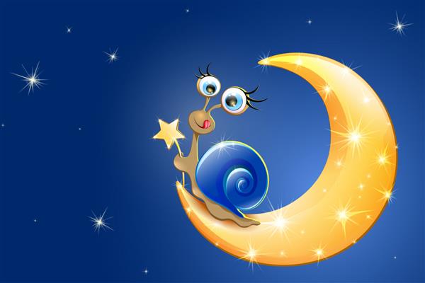 حلزون بامزه کارتونی با پوسته آبی روی ماه طلایی درخشان با چوب جادویی ستاره