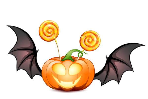 شخصیت کارتونی نارنجی خنده دار کدو تنبل هالووین با بال های خفاش سیاه چهره ترسناک و دو آبنبات چوبی