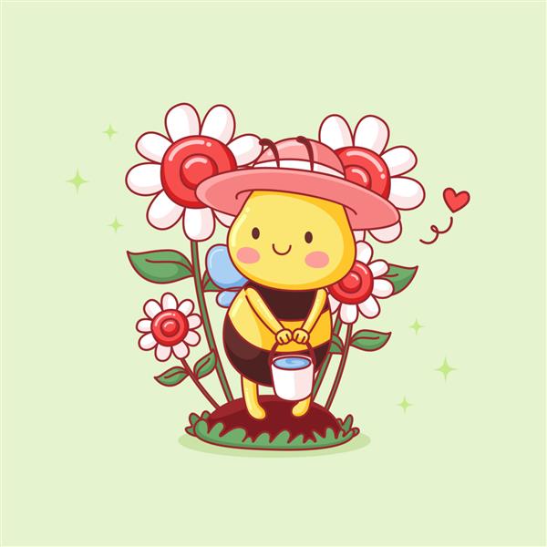 زنبور کوچولو ناز یک سطل آب برای آبیاری گلهای دست کشیده بیاورد