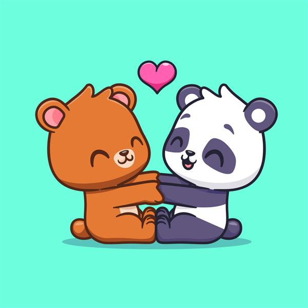 تصویر وکتور کارتونی خرس ناز با پاندا با هم بازی می کند نماد طبیعت حیوانات جدا شده است