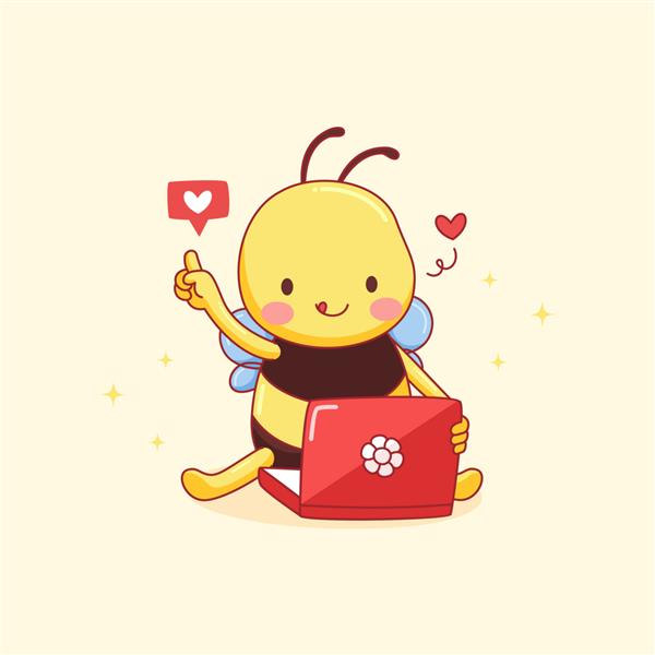 زنبور کوچولوی ناز با استفاده از لپ تاپ با نشانه ای از عشق کشیده شده است