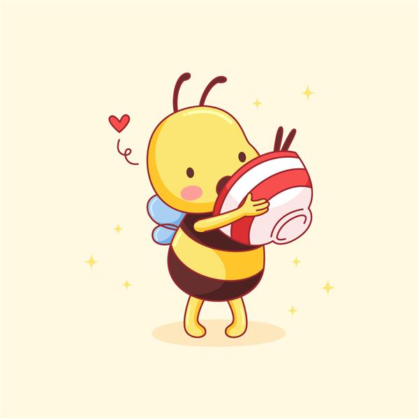 زنبور کوچک ناز در حال خوردن یک کاسه خوشمزه از غذاهایی که با دست کشیده شده است