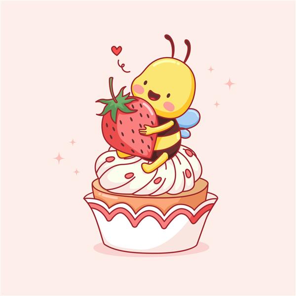 زنبور کوچک ناز با کیک کوچک و توت فرنگی کشیده شده است