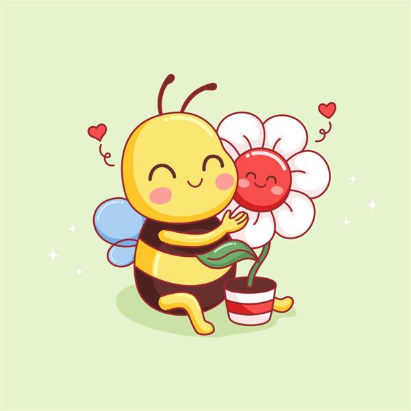 زنبور کوچولوی ناز که گل دوستش را در آغوش می گیرد با دست کشیده شده است