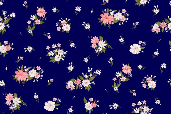 پس‌زمینه گل‌دار مدرن با گل‌های کوچک باغچه روی چمن‌های حومه شهر برای کاغذ دیواری دیجیتال و پوشاک در قالب وکتور مزین به سبک لیبرتی