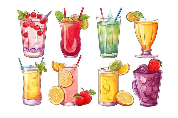 نوشیدنی های خنک کننده با میوه های جدا شده در تصویر وکتور کارتونی پس زمینه