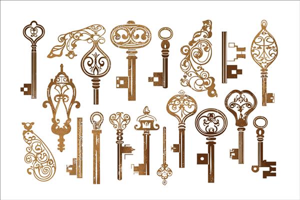 سیلوئت های کلیدهای قدیمی جدا شده بر روی تصویر برداری کارتونی پس زمینه