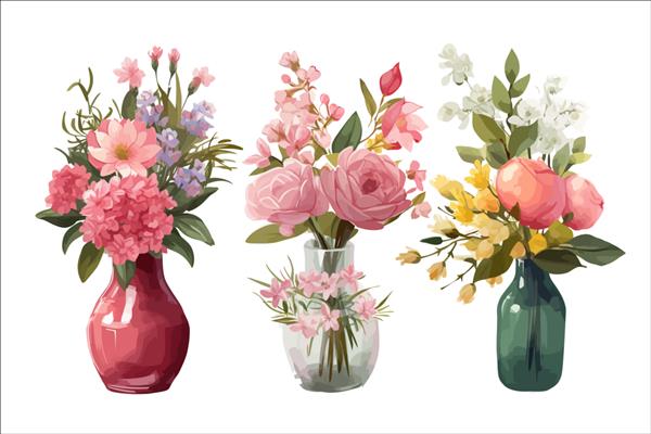 مجموعه وکتور دسته گل های بهار و تابستان در گلدان جدا شده بر روی تصویر وکتور کارتونی پس زمینه
