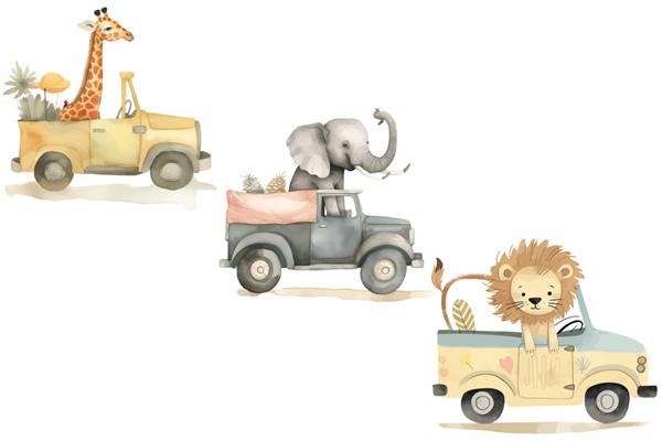 مجموعه حیوانات سافاری فیل زرافه و شیر در یک جیپ در تصویر برداری جدا شده به سبک سه بعدی