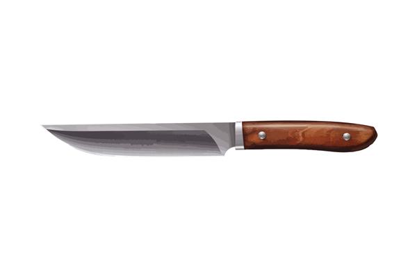 ابزار برش چاقو آشپزخانه با تیغه فلزی و دسته چوبی جدا شده بر روی تصویر وکتور کارتونی پس زمینه
