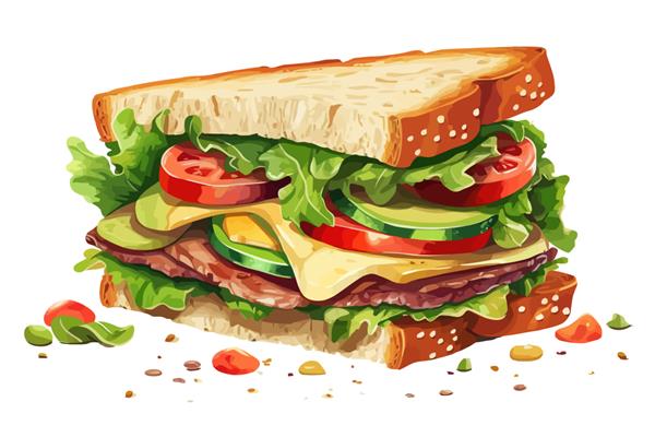 ساندویچ با پر کردن سبزیجات و گوشت جدا شده بر روی تصویر وکتور کارتونی پس زمینه