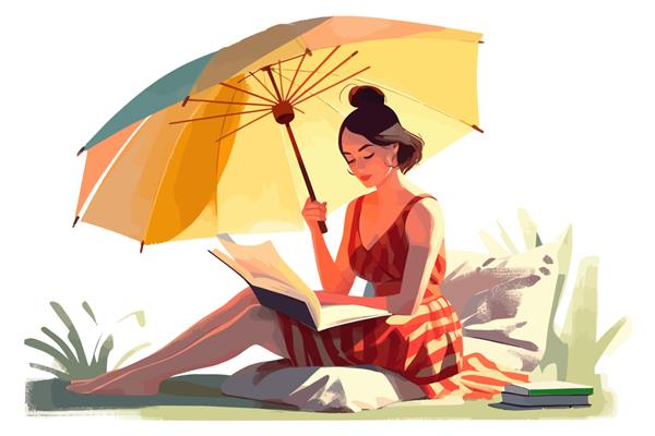 زن در حال خواندن کتاب کاغذی در طبیعت جدا شده بر روی تصویر برداری کارتونی پس زمینه