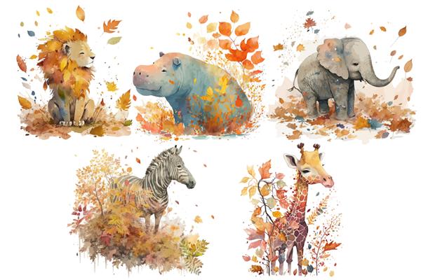 مجموعه حیوانات سافاری اسب آبی زرافه فیل شیر گورخر در شاخ و برگ های پاییزی در تصویر برداری جدا شده به سبک آبرنگ