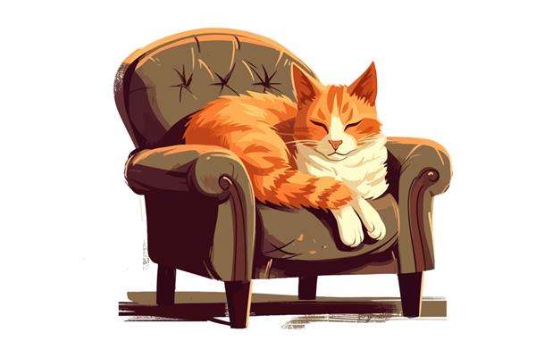 گربه ناز که در صندلی راحتی در خانه می خوابد جدا شده بر روی تصویر وکتور کارتونی پس زمینه
