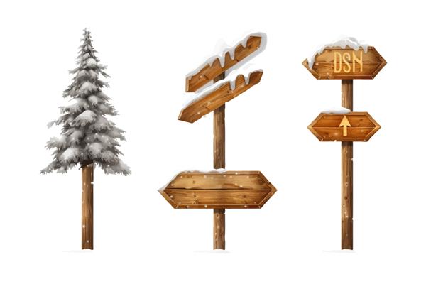 مجموعه ای واقع گرایانه از تابلوهای چوبی پوشیده شده با برف جدا شده در تصویر برداری کارتونی پس زمینه