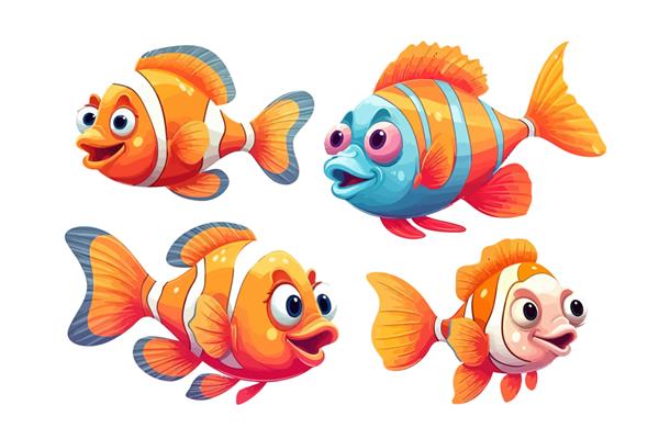 مجموعه ای از ماهی های کارتونی وکتور زیبا برای بازی آکواریوم جدا شده بر روی تصویر وکتور کارتونی پس زمینه